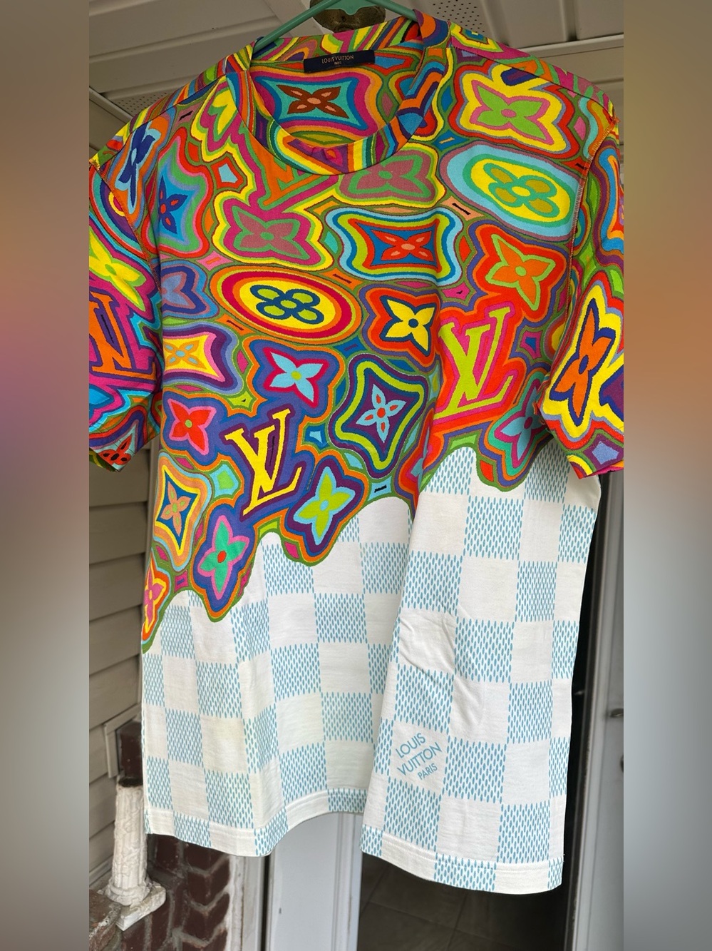 Louis Vuitton Multicolor Psychedelic Logo Tee with Blue Checkerboard